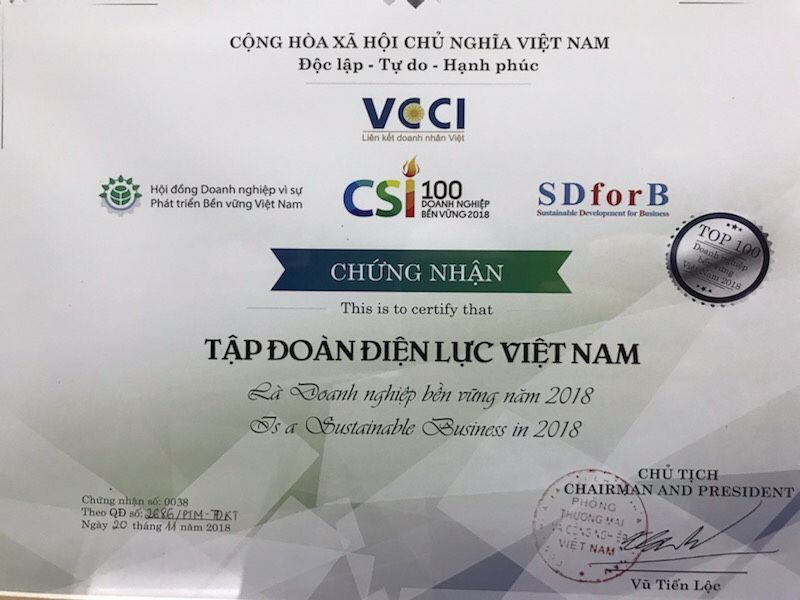 EVN được công nhận “Doanh nghiệp bền vững tại Việt Nam năm 2018”