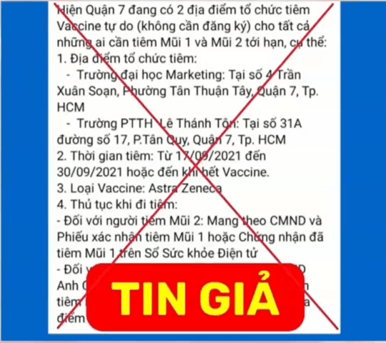 Thông tin có 2 điểm tiêm vắc xin tự do không cần đăng ký là tin giả