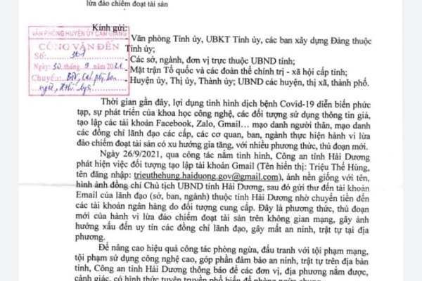 Mạo danh Chủ tịch UBND tỉnh Hải Dương để lừa tiền trên mạng