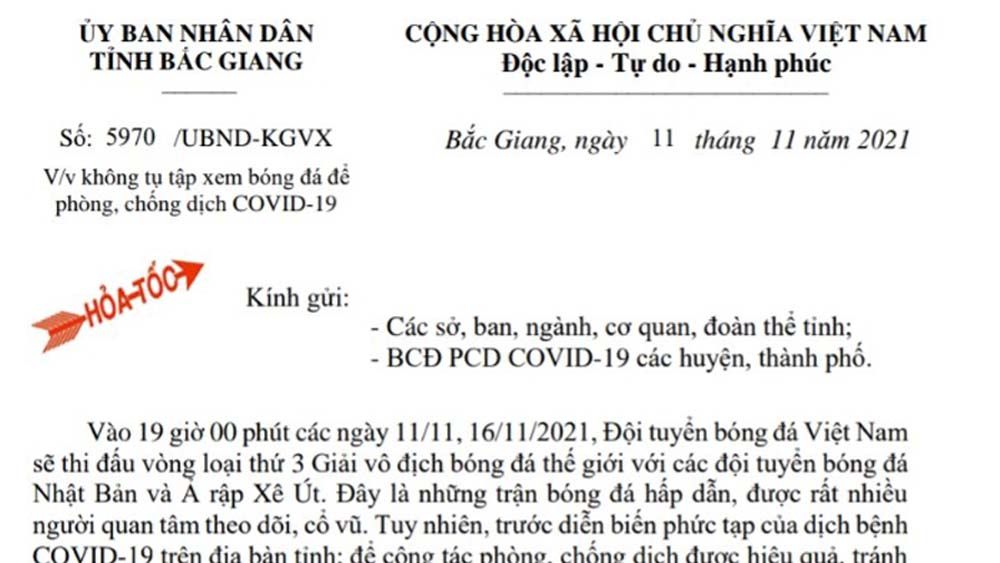 Chủ tịch tỉnh Bắc Giang yêu cầu không tụ tập xem bóng đá để phòng, chống dịch COVID-19