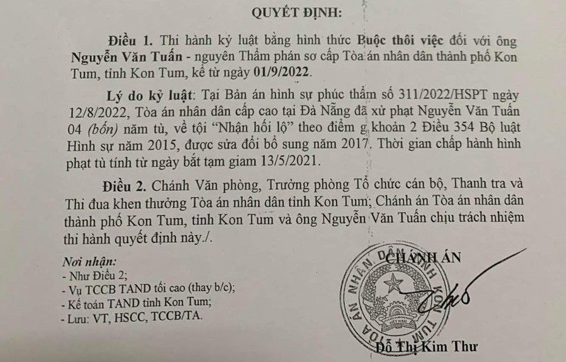 Kon Tum: Buộc thôi việc nguyên Thẩm phán sơ cấp 