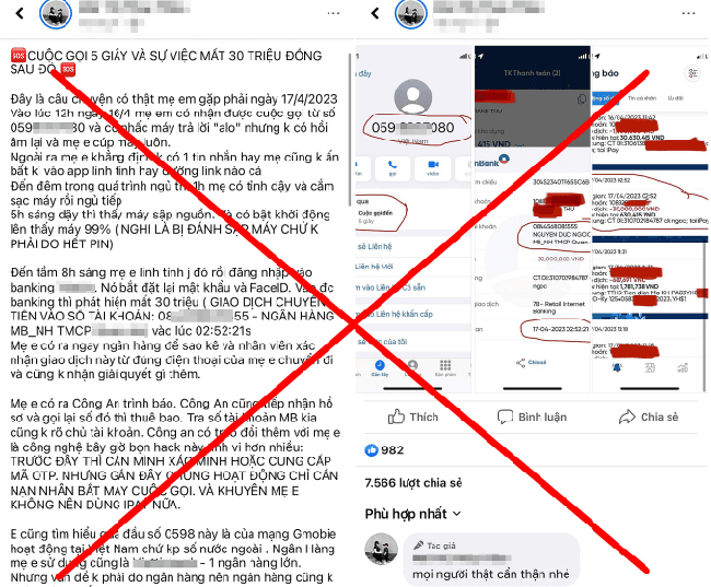 Thông tin "nghe điện thoại 5 giây mất 30 triệu đồng" là giả