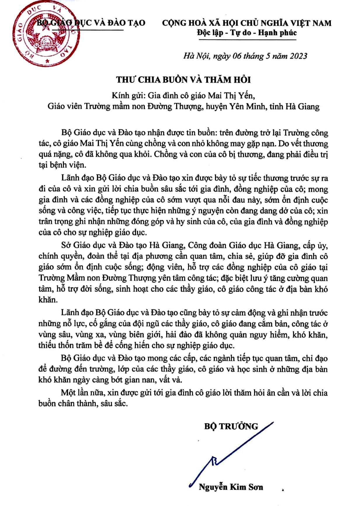 Bộ trưởng Bộ Giáo dục và Đào tạo gửi thư chia buồn tới gia đình cô giáo gặp nạn trên đường đến trường 