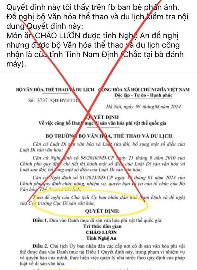  “Cháo lươn” Nghệ An được đề cử Di sản văn hóa phi vật thể là thông tin giả