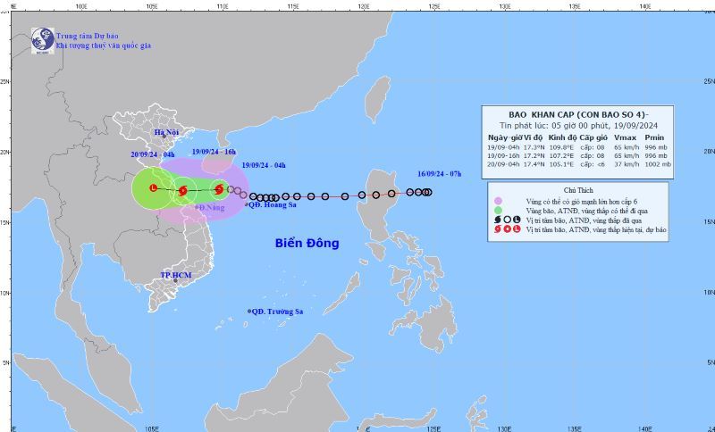 Áp thấp nhiệt đới đã mạnh lên thành bão số 4, cách Đà Nẵng 210km